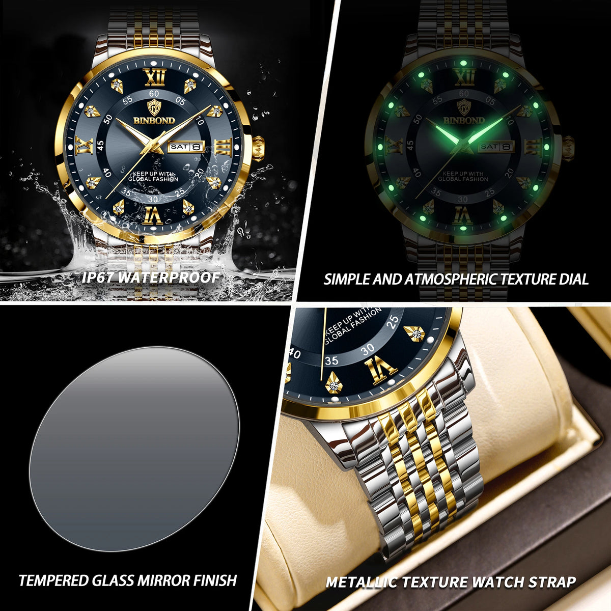 A watch featuring a gold and black dial with a textured metal strap, displayed alongside its tempered glass mirror finish.