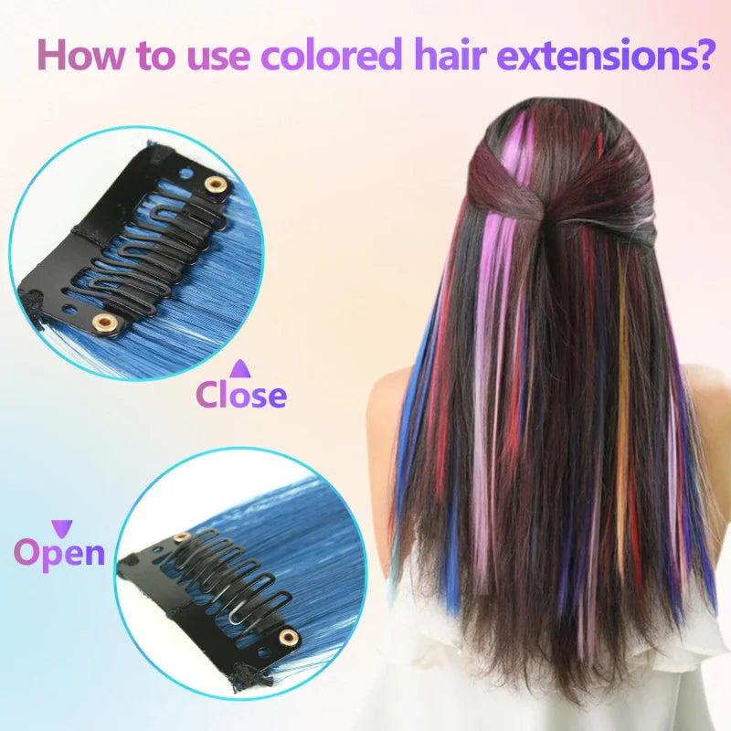 Démonstration de l'utilisation d'extensions de cheveux colorés, illustrant les techniques de tresses serrées et lâches.