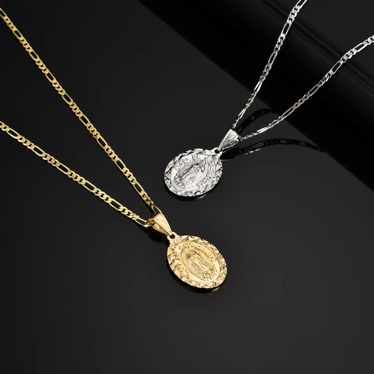 Gold and silver chain necklaces featuring a prayer pendant for Virgin Mary