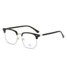 A pair of black photochromic anti-blue light eyeglasses with thin metal arms and clear lenses.