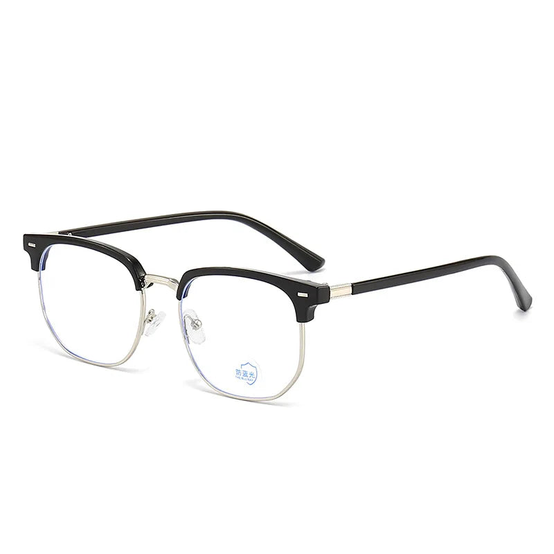 Une paire de lunettes photochromiques anti-lumière bleue noires avec des branches métalliques fines et des verres clairs.