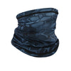 A dark blue and black patterned multi-use sun protection head scarf.