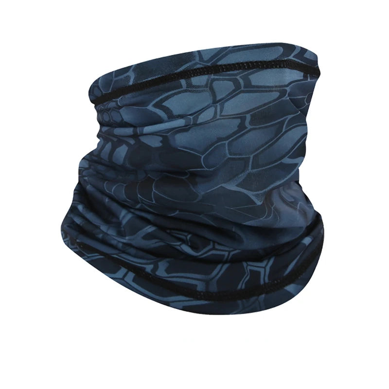 A dark blue and black patterned multi-use sun protection head scarf.