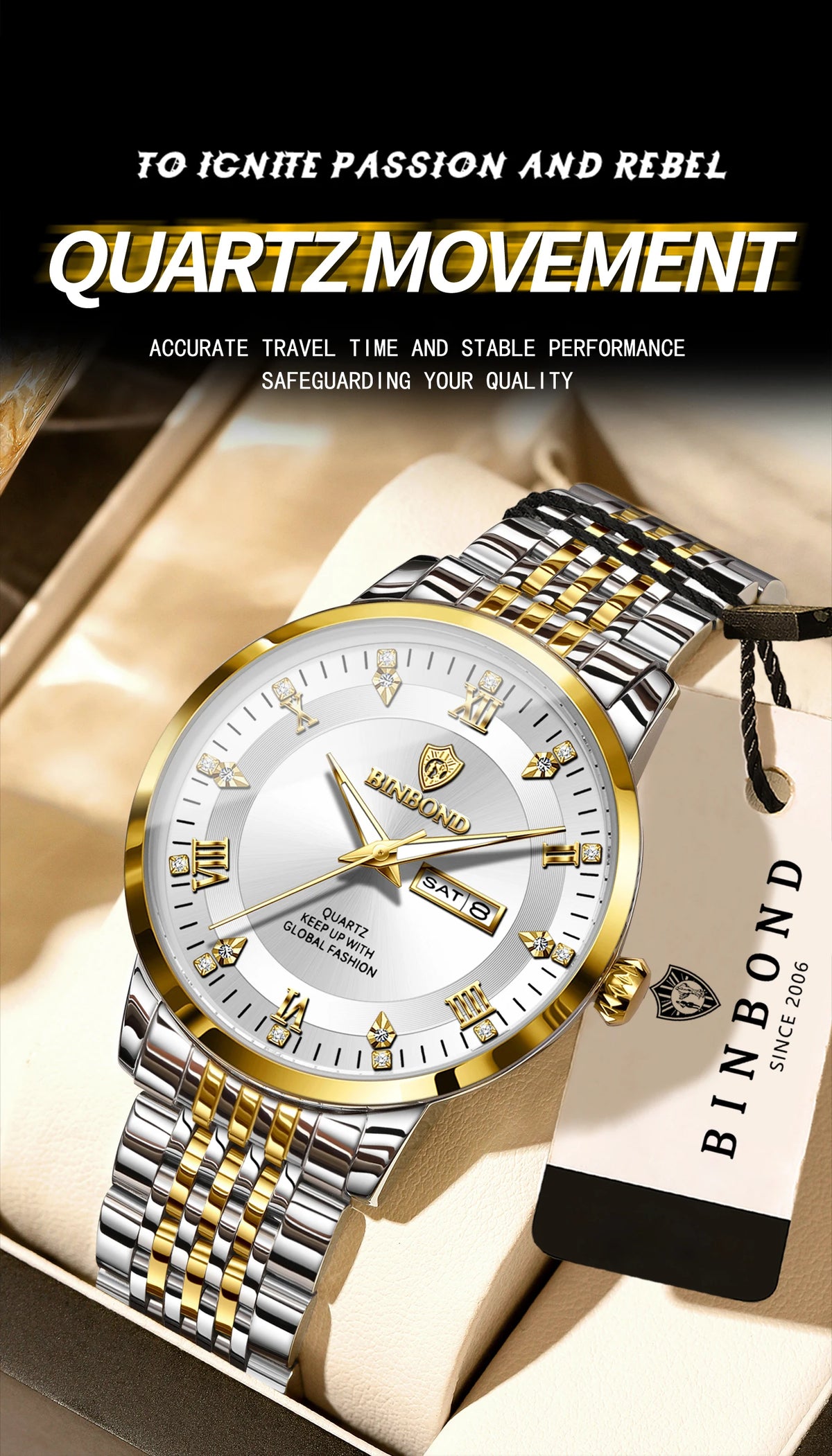 A close-up of a gold and silver quartz watch on a leather box, featuring a textured metal bracelet.