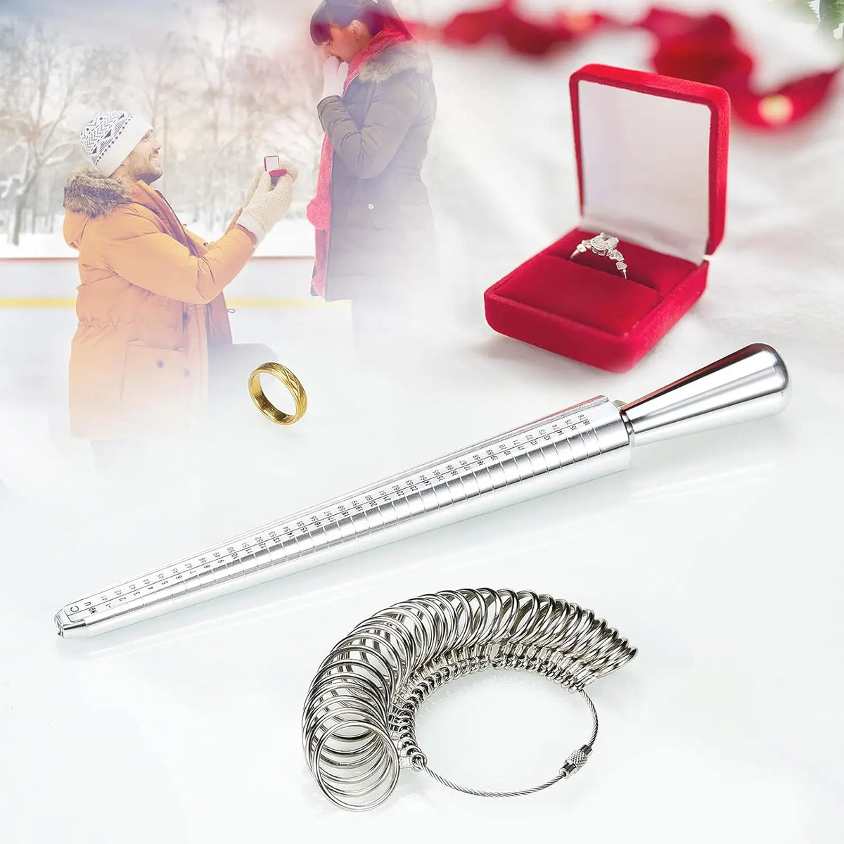A precision metal ring sizer and mandrel tool kit with a silver rod and coiled mandrel shown on a white surface.