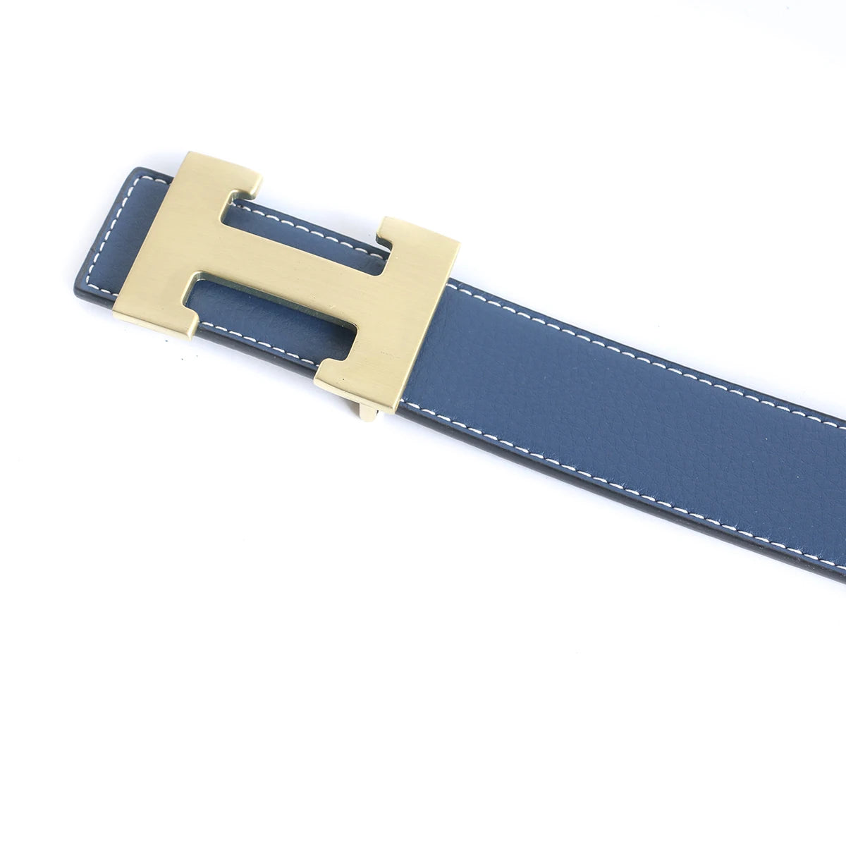 A navy blue genuine leather dress belt with a brass buckle shown diagonally.