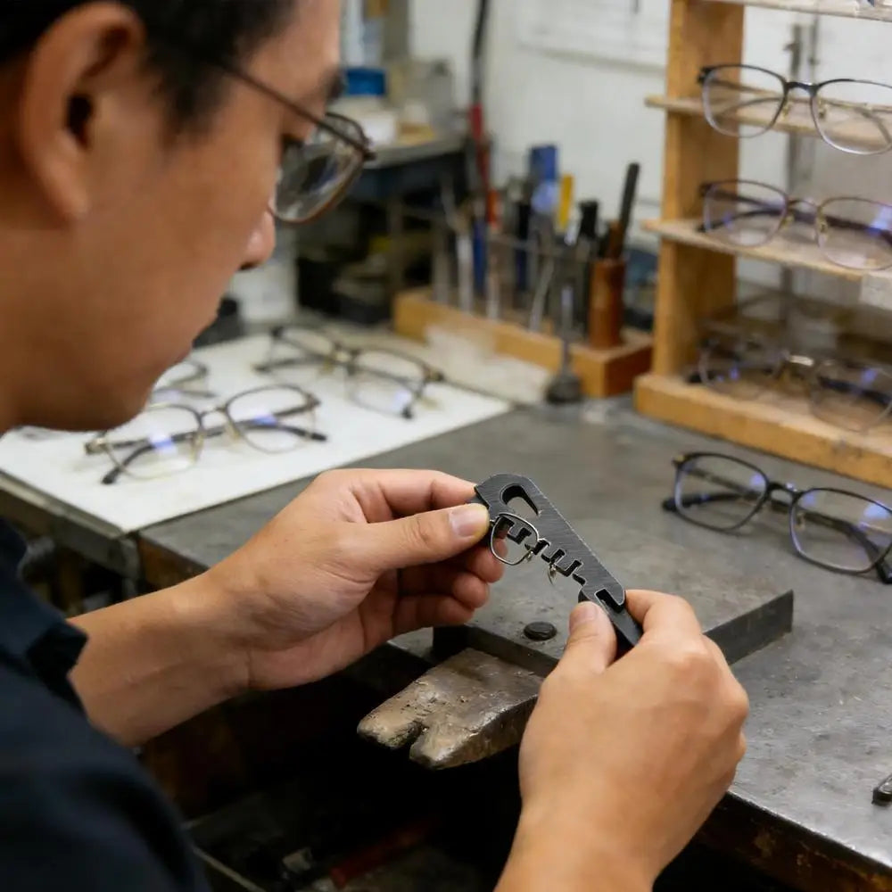A person is using a precision tool to adjust the temple of eyeglasses on a workbench.