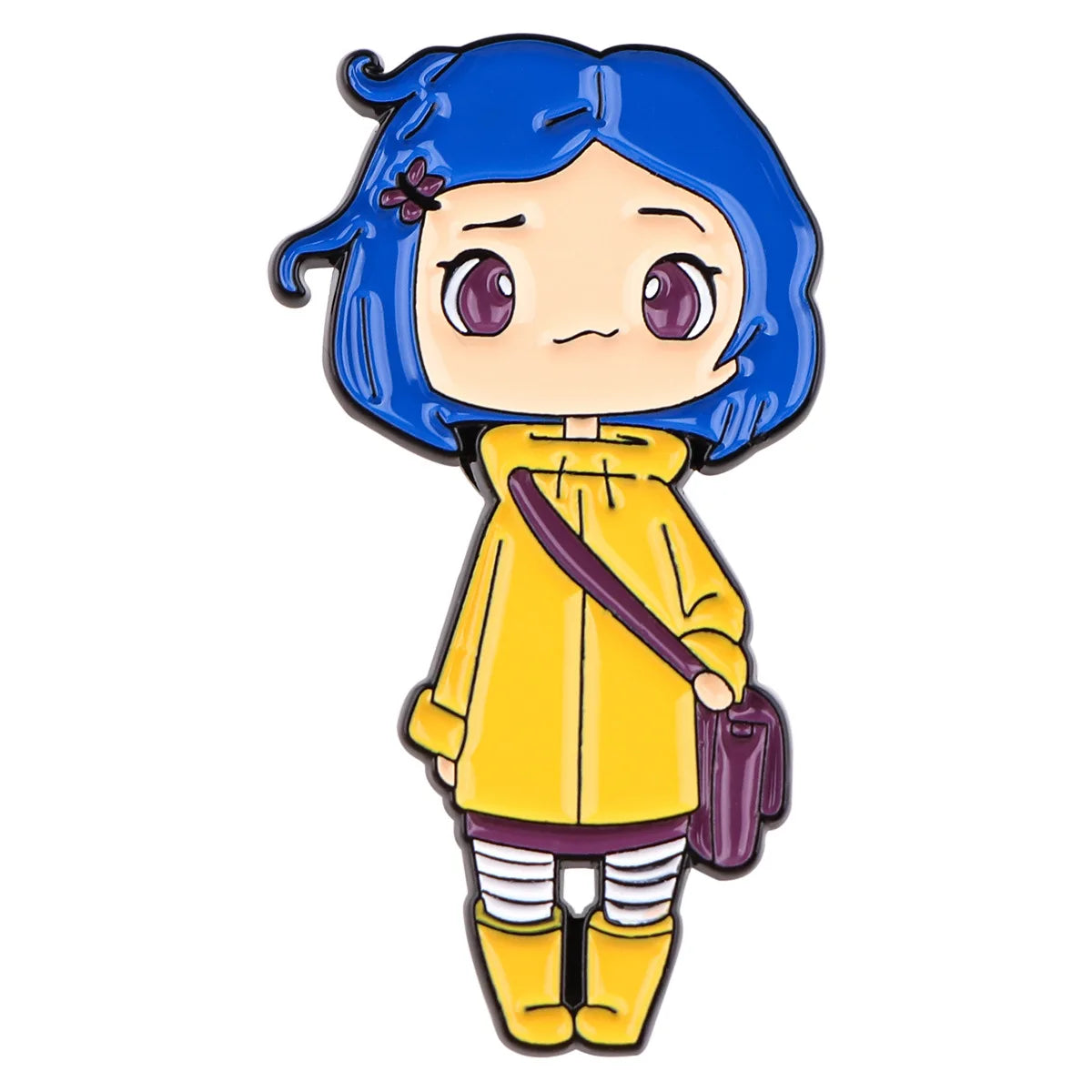 Emaille-Anstecker mit einer süßen Anime-Mädchen mit blauem Haar und gelber Kleidung.