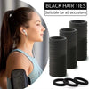 A set of black elastic hair ties is shown next to a woman with long dark hair, suitable for various occasions.