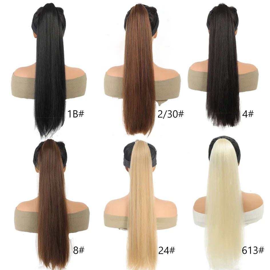 A collection of ultra-long straight ponytails wigs in various shades including black, brown, and blonde.