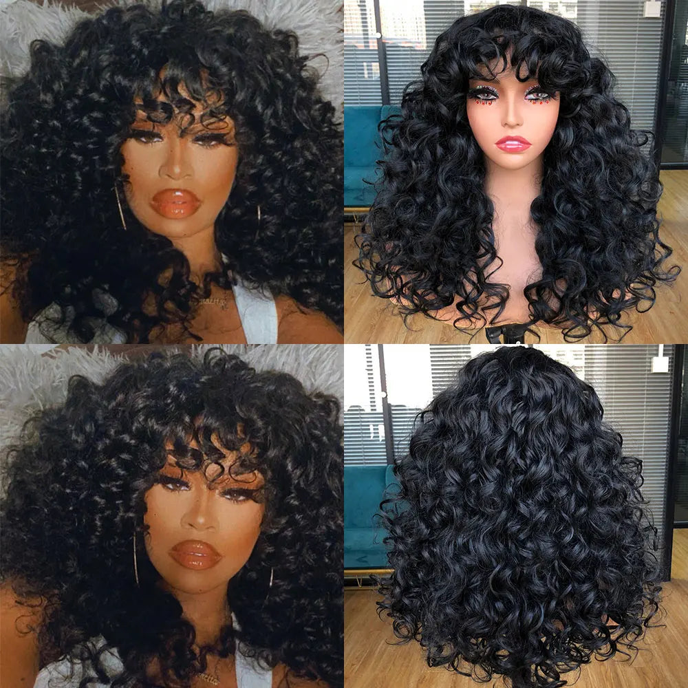 A collage of a Red Ginger Curly Wave wig with bangs shown from various angles.