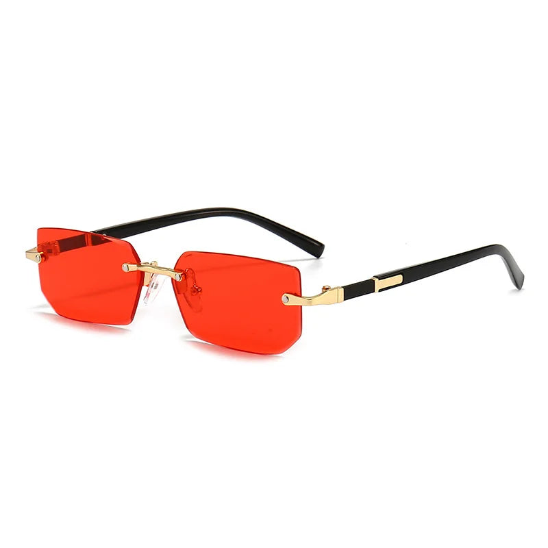 Red rimless rectangle sunglasses with black arms and gold accents