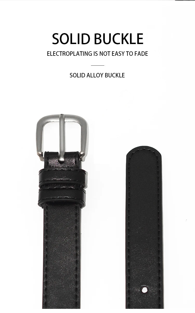 A black leather strap with a silver buckle and a separate black leather strap shown next to it.