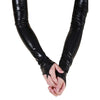 Black fingerless leather hook gloves shown with hands clasped together