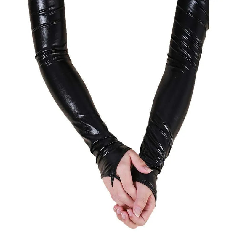 Black fingerless leather hook gloves shown with hands clasped together