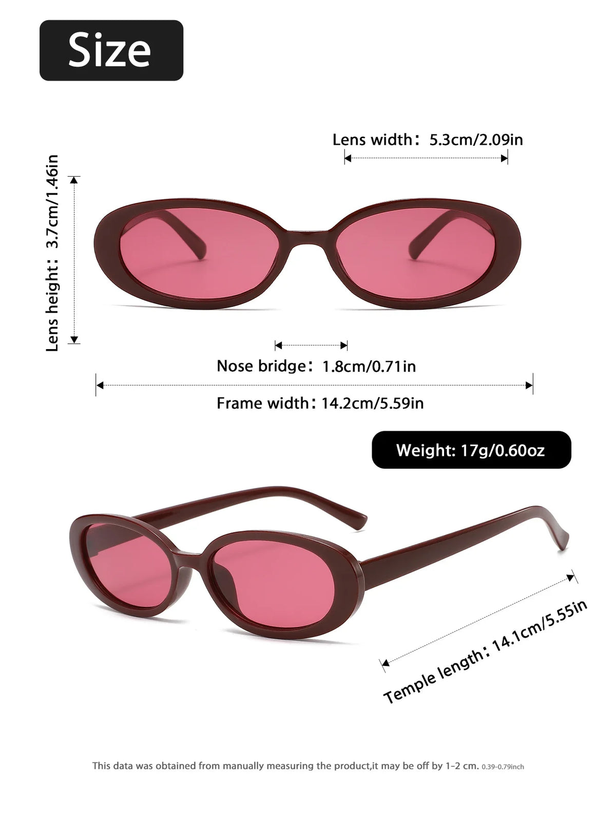 A pair of maroon cat eye sunglasses with pink lenses and brown frames shown in various dimensions.