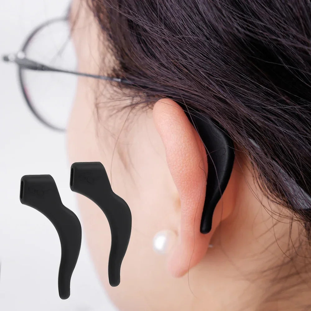 Black silicone anti-slip ear hooks designed for securing eyewear.