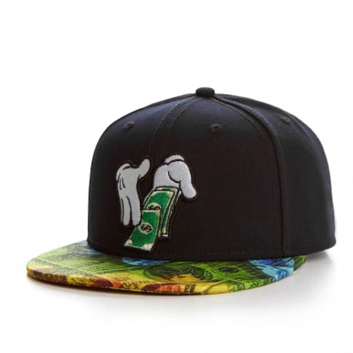 Black unisex adjustable snapback cap featuring a white graphic design on the front and a colorful patterned brim.