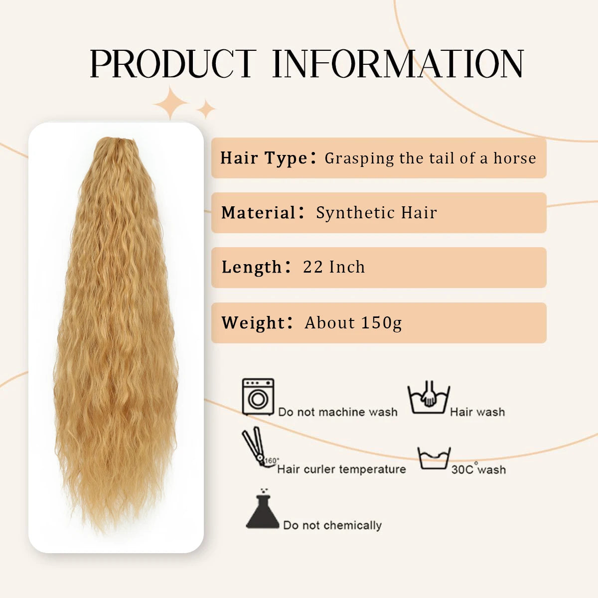 Un colis montrant de longues extensions de cheveux synthétiques blondes dorées avec les détails du produit.