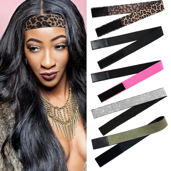A collection of adjustable hair band accessories in various colors and patterns for hairline edging.