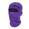 Máscara facial balaclava morada con el nombre Shiesty impreso en la frente.