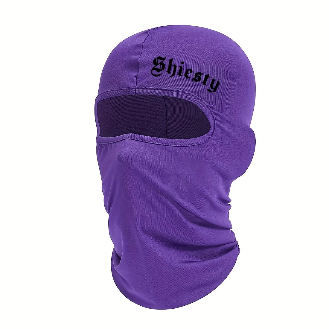 Máscara facial balaclava morada con el nombre Shiesty impreso en la frente.