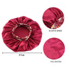 A deep red satin sleep bonnet shown in various forms including a gathered cap, an elastic band, and a flat polyester piece.