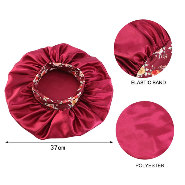 A deep red satin sleep bonnet shown in various forms including a gathered cap, an elastic band, and a flat polyester piece.