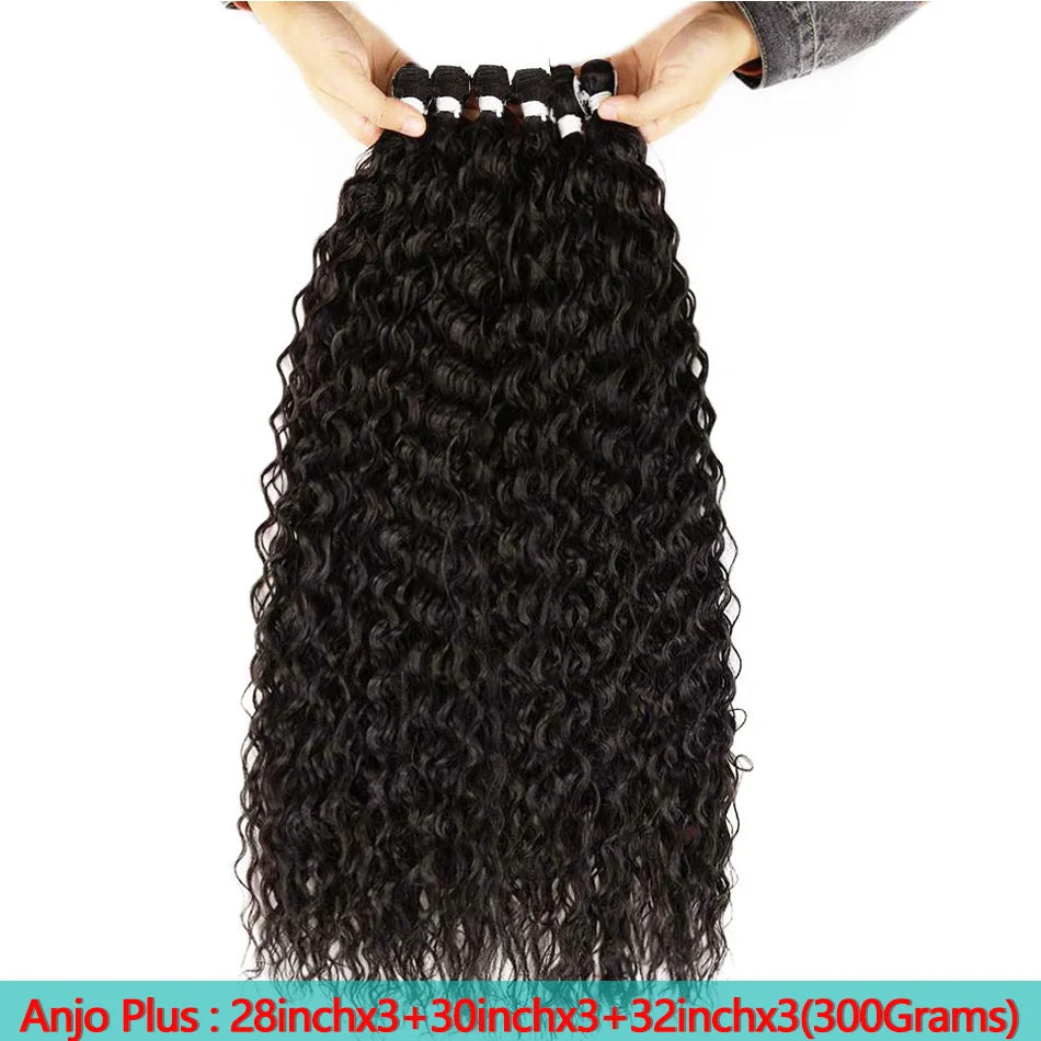 A bundle of long black curly hair extensions being held up by hands