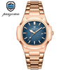 A rose gold men's luxury quartz wristwatch with a blue dial and luminous hands.