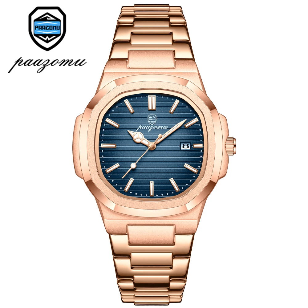 A rose gold men's luxury quartz wristwatch with a blue dial and luminous hands.