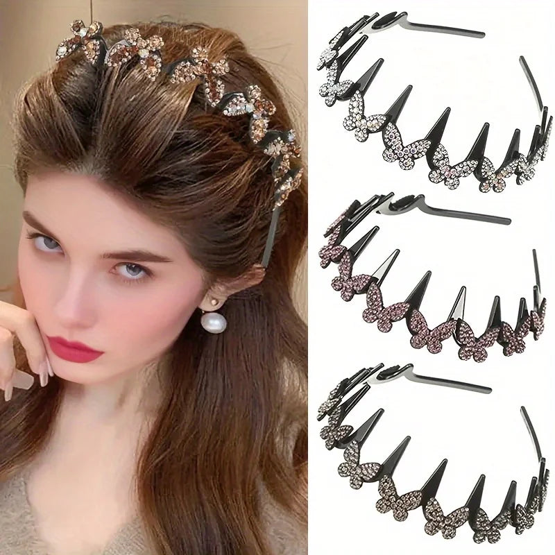 A close-up of a woman wearing a sparkling rhinestone butterfly hair accessory in her brown hair.