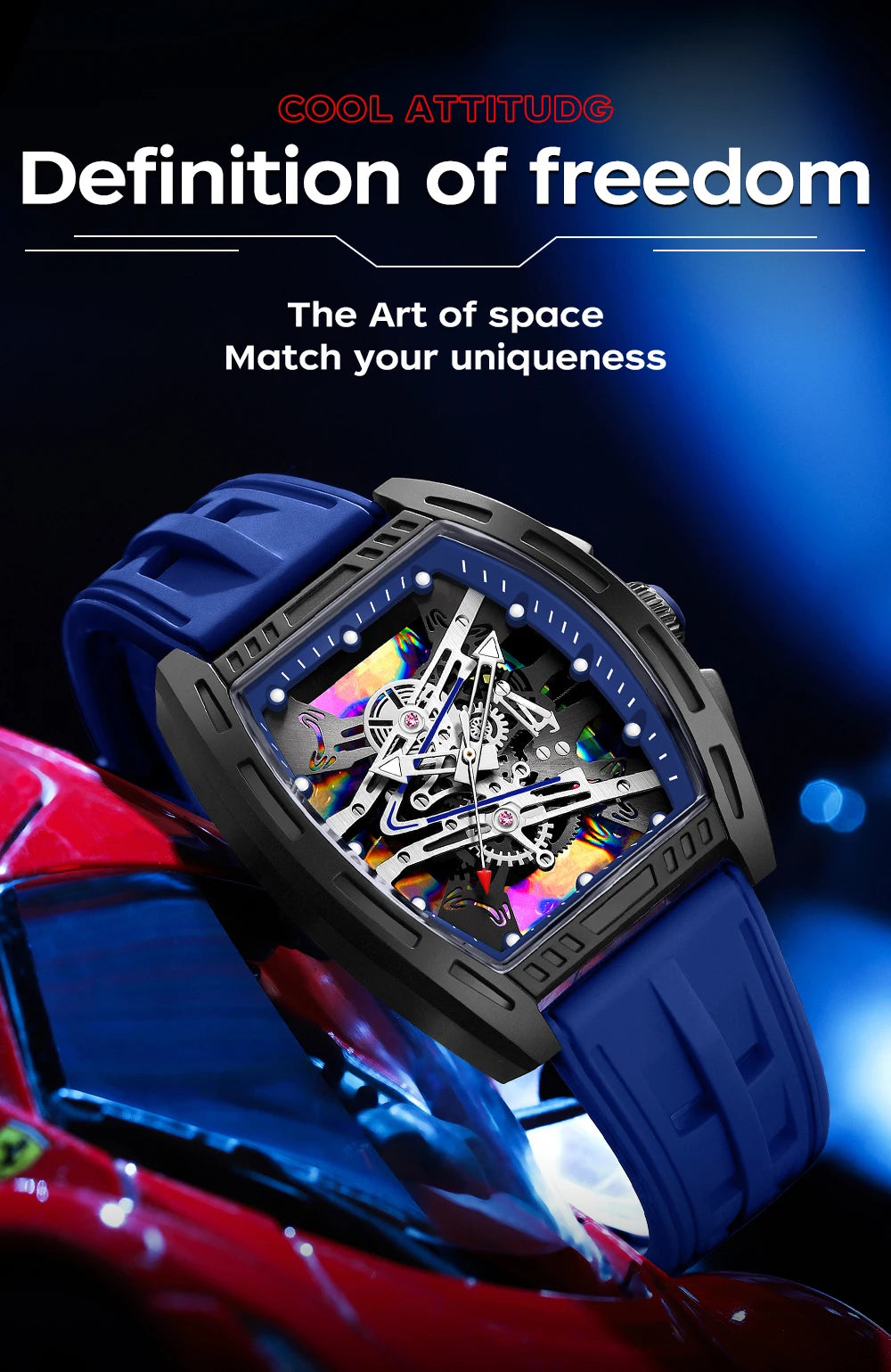A close-up of a blue and black luxury watch with a complex dial resting on a red sports car.