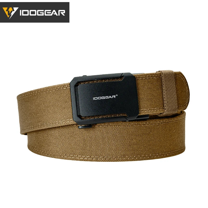 A tan tactical nylon belt with a black ratchet buckle shown against a white background.