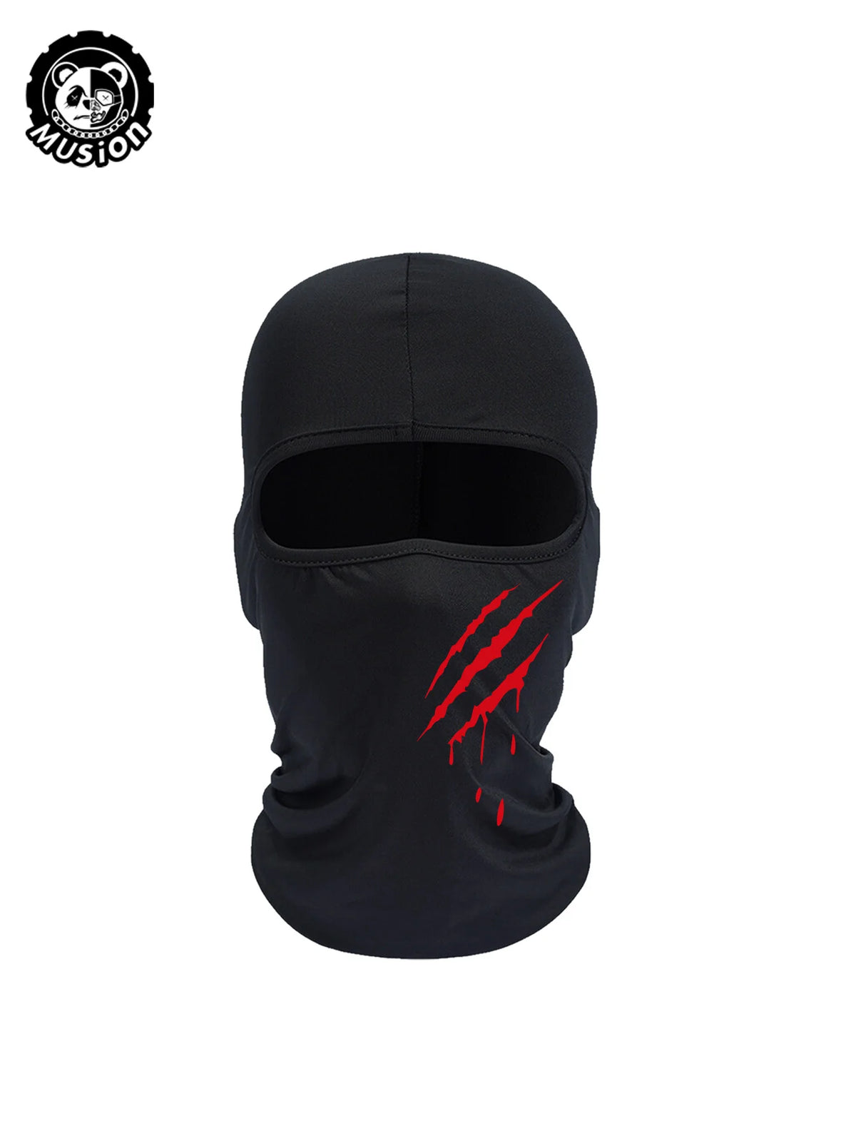 Balaclava de malla negra transpirable con diseño rojo goteante
