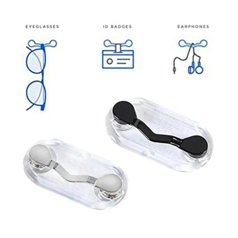A set of clear magnetic holders for eyeglasses, ID badges, and earphones.