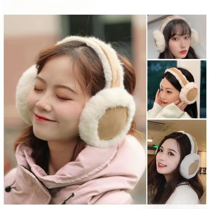 A woman wearing classic winter ear muffs with light fur trim, shown in close-up and full view.