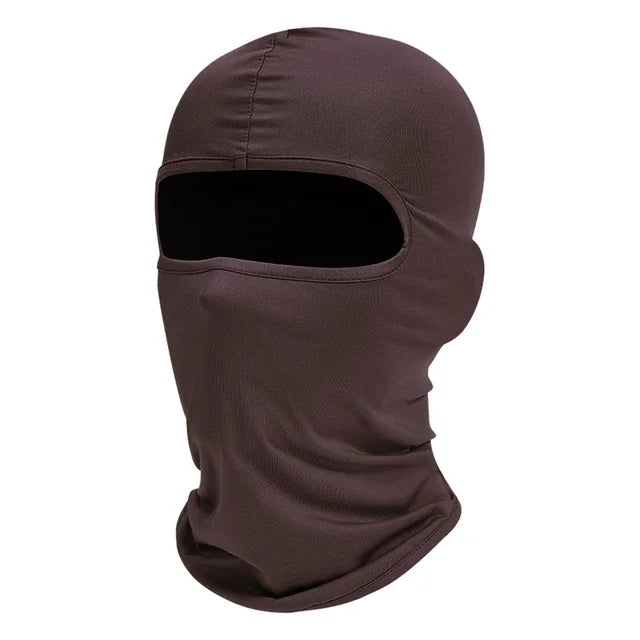 A dark brown tactical full face balaclava covering the head and neck.