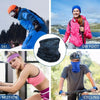 A collage showing various uses of an all-in-one multi-use sun protection scarf for skiing, on foot, motion, and cycling.