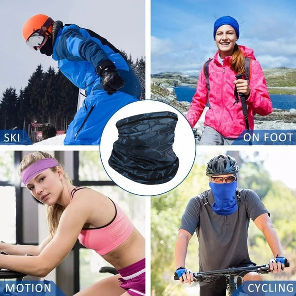 A collage showing various uses of an all-in-one multi-use sun protection scarf for skiing, on foot, motion, and cycling.