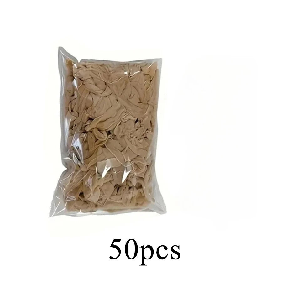 A clear plastic bag containing 50 pieces of light brown hair nets for wig caps.