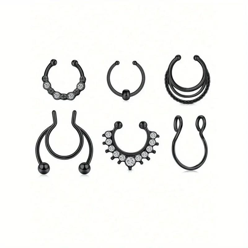 A set of six faux septum and nose rings in black and silver-toned metal.