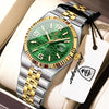 A silver and gold luxury quartz wristwatch with a green dial and luminous features is displayed in a light-colored box.