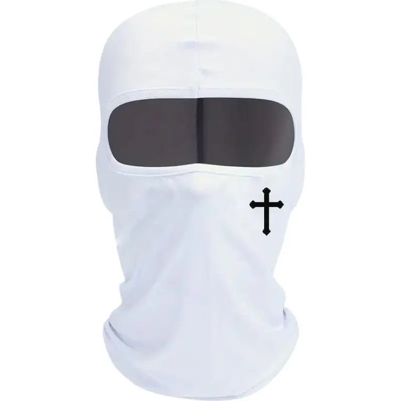 Mascarilla balaclava blanca de cara completa con visera negra y detalle de cruz
