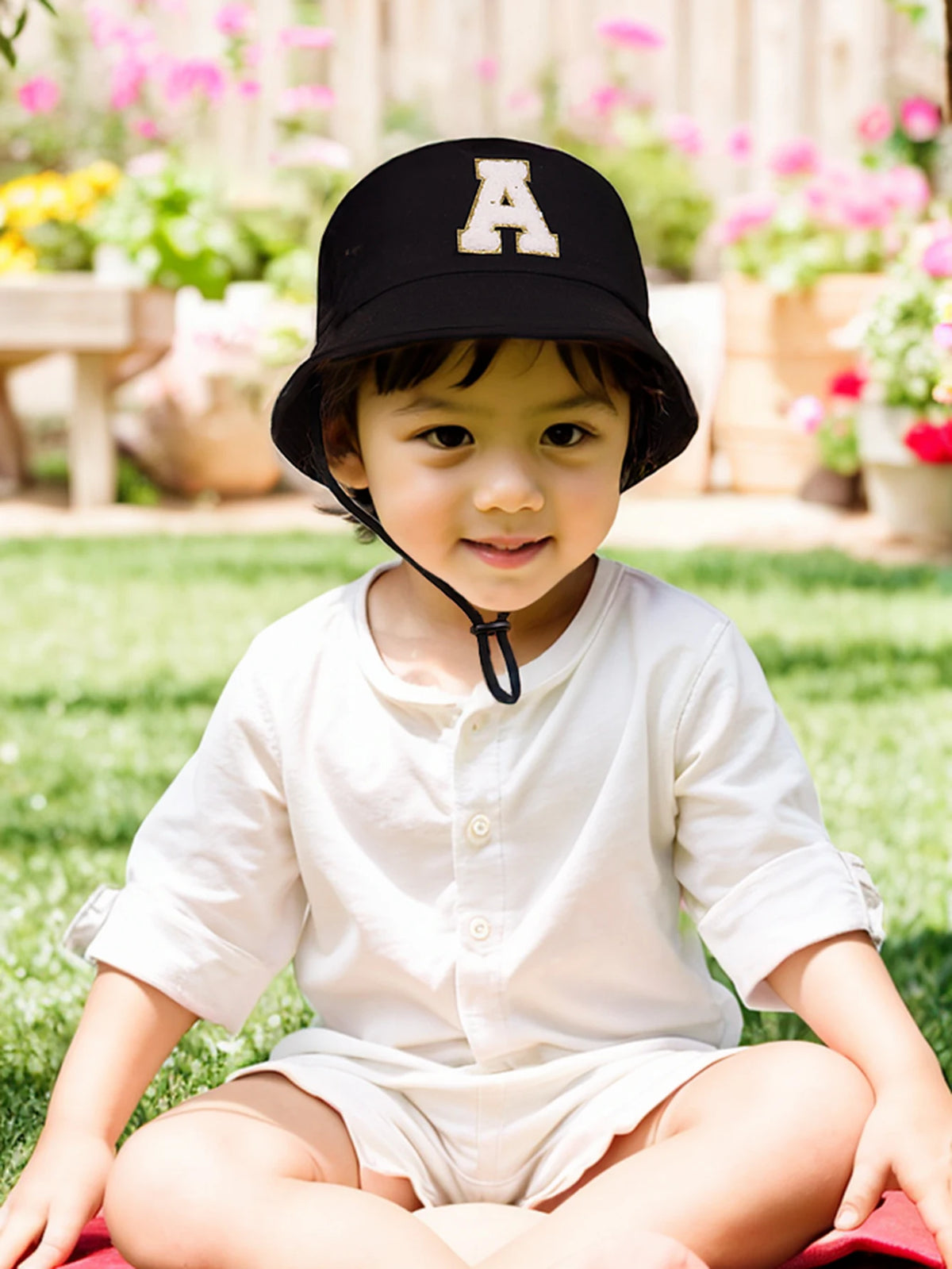 A smiling young boy wearing a black letter print sun hat while sitting on green grass.