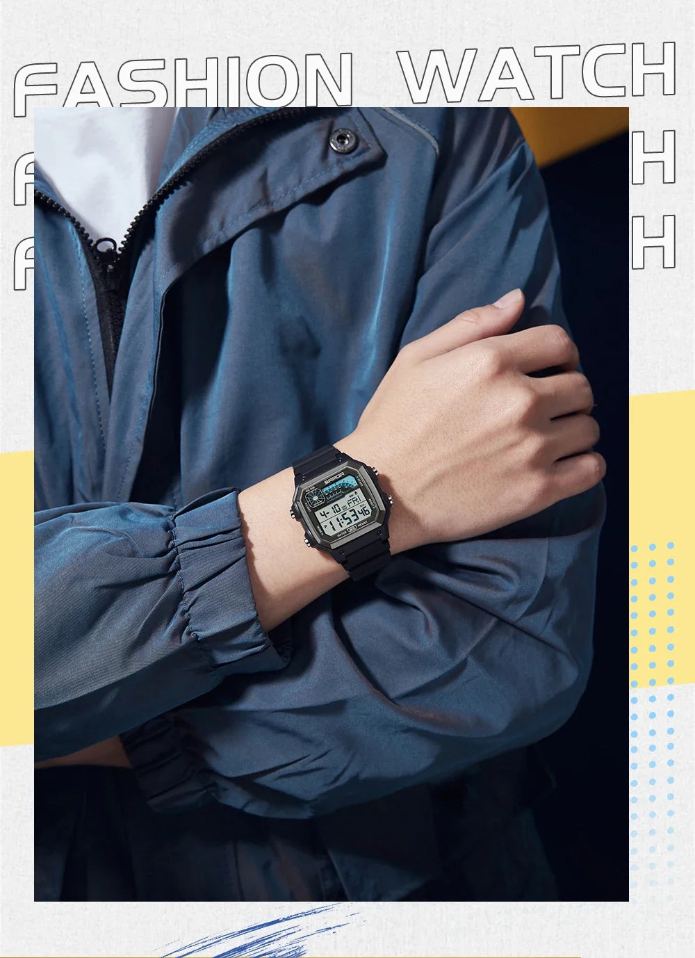A close-up of a person wearing a dark blue sport digital wristwatch with a black strap and a metal bezel.