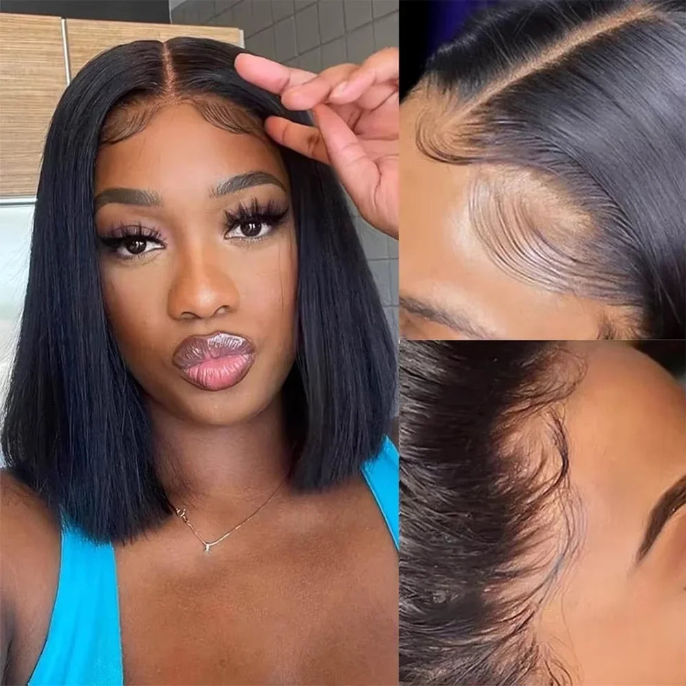 Close-up of a woman modeling a black bob wig with sleek styling and a separate image showing the hair texture.
