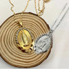 A dainty golden Christian necklace featuring a figure set against a wooden slice background.