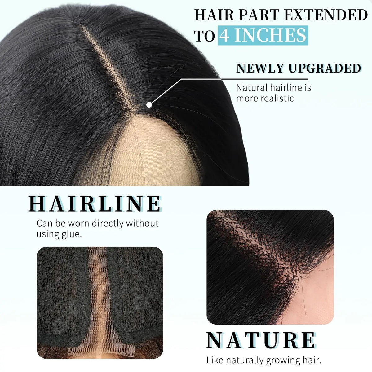 Close-up of a dark hair part extension showing a natural hairline and newly upgraded realistic hair.