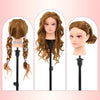 Three professional cosmetology practice mannequin heads with long brown hair displayed on black stands.